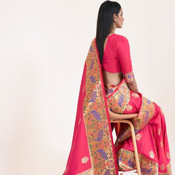 JHEAPS STRAWBERRY PINK FLORAL PAITHANI SILK SAREE - Picture 2 of 3